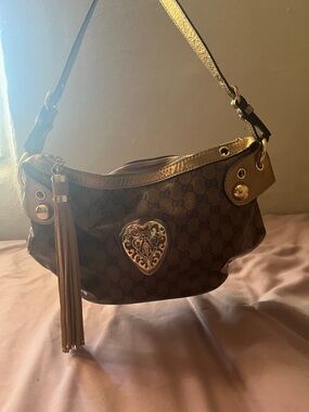 Gucci Brown Monogram Shoulder Bag with Gold Accents
